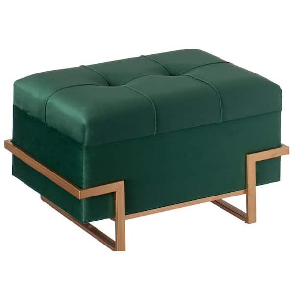 FABULAXE Green Small Rectangle Velvet Storage Ottoman Stool Box with Abstract Golden Legs, Decorative Sitting Bench