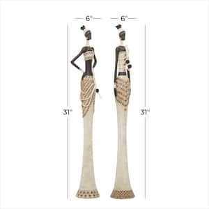 White Polystone Standing African Woman Sculpture with Intricate Details (Set of 2)