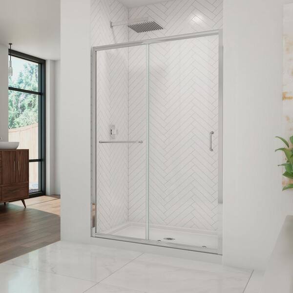DreamLine Infinity-Z 36 in. x 48 in. Semi-Frameless Sliding Shower Door in Chrome with Center Drain White Acrylic Base