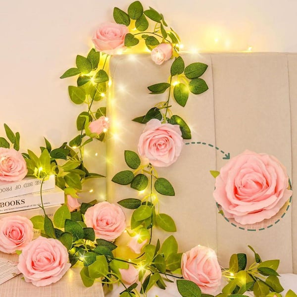 6.6 ft. Pink Artificial Rose Flower Garland for Garden Room Decor