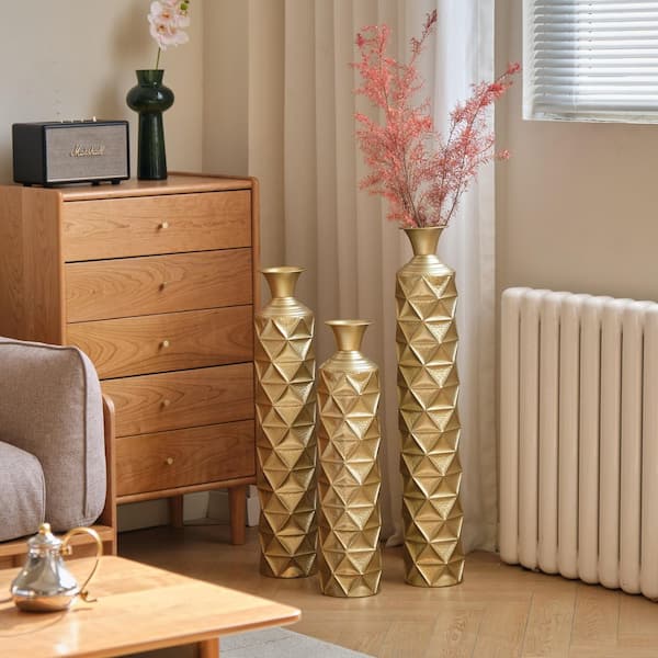 25/30/34 in. Distressed Gold Metal Vase Trio, 3D Triangle Pattern Cylinder Floor Vases Industrial Glam Home Decor Set