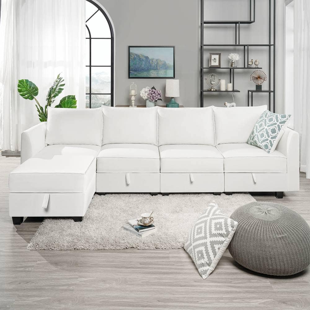 HOMESTOCK 112.8 in Modern 4 Seater Upholstered Sectional Sofa with Ottoman White Down Linen Sofa Couch for Living Room Office 64530HD The Home Depot