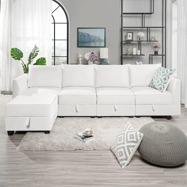 HOMESTOCK Modern 4-Seater Upholstered Sectional Sofa with Ottoman - White Down Linen