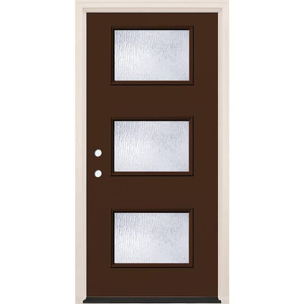 Builders Choice 36 in. x 80 in. Right-Hand/Inswing 3-Lite Rain Glass Chestnut Painted Fiberglass Prehung Front Door w/6-9/16 in. Frame