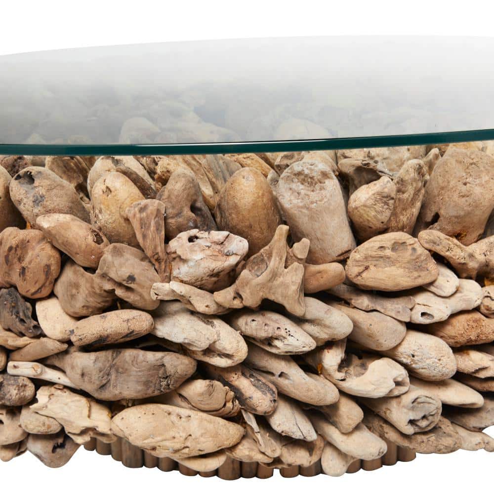 Handcrafted Driftwood Round Coffee Table with Glass Top, 48" Brown
