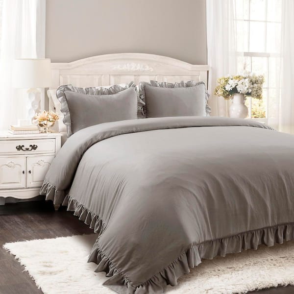 Reyna 3 Pieces Gray Ruffle Microfiber King Comforter Set