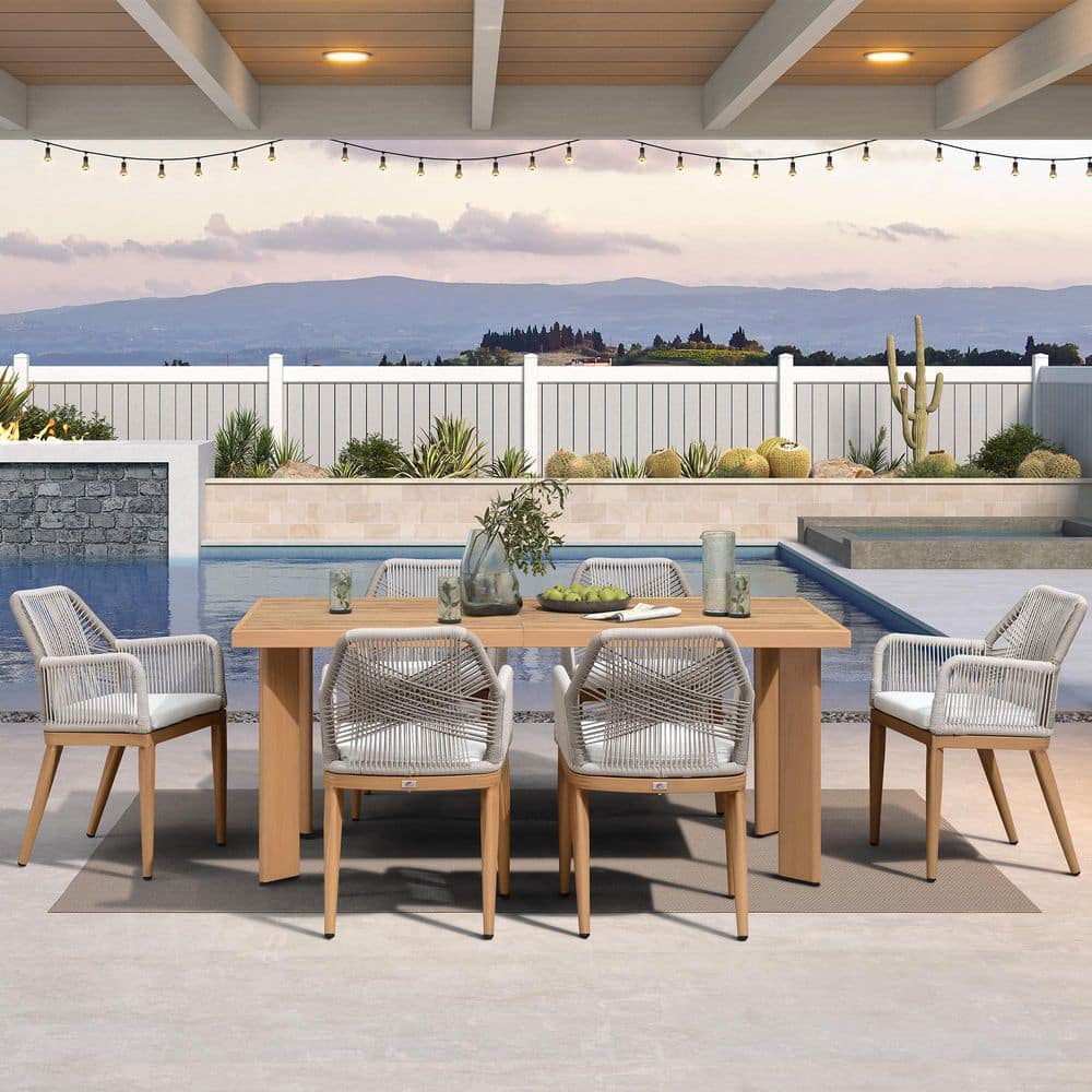 7-Piece Aluminum Outdoor Dining Set Teak Patio Furniture Set Wicker Table and Chairs with Cushions price history on PriceWatchPro