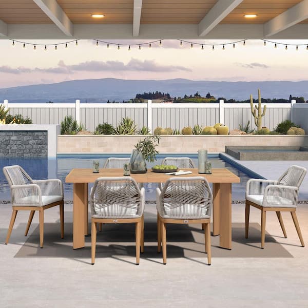 7-Piece Aluminum Outdoor Dining Set Teak Patio Furniture Set Wicker Table and Chairs with Cushions