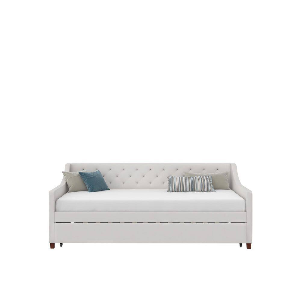 Ivory Linen Twin Daybed with Trundle and Tufted Upholstery