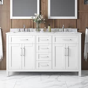 Riverdale 60 in. W x 21 in. D x 34 in. H Double Sink Bath Vanity in White with Carrara Marble Top with Outlet