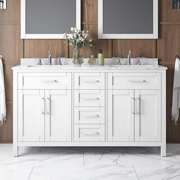 Home Decorators Collection Riverdale 60 in. W x 21 in. D x 34 in. H Double Sink Bath Vanity in White with Carrara Marble Top with Outlet