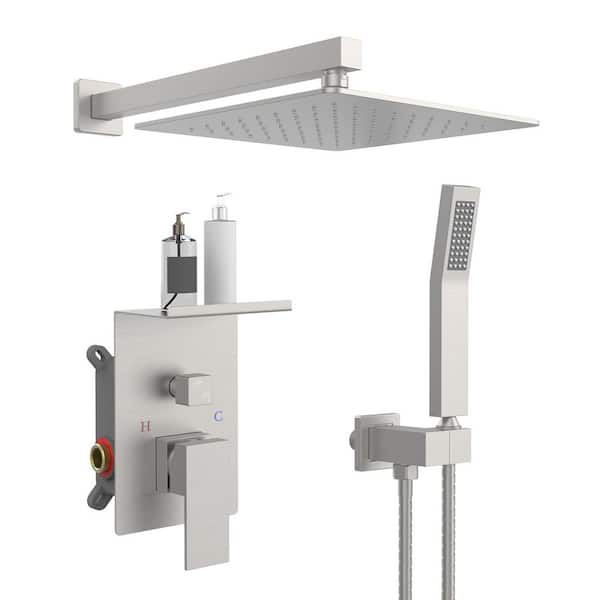 Rainfall Single Handle 1-Spray Shower Faucet ‎2.2 GPM with Square 10 in. Shower Head, Pressure Balance in Brushed Nickel