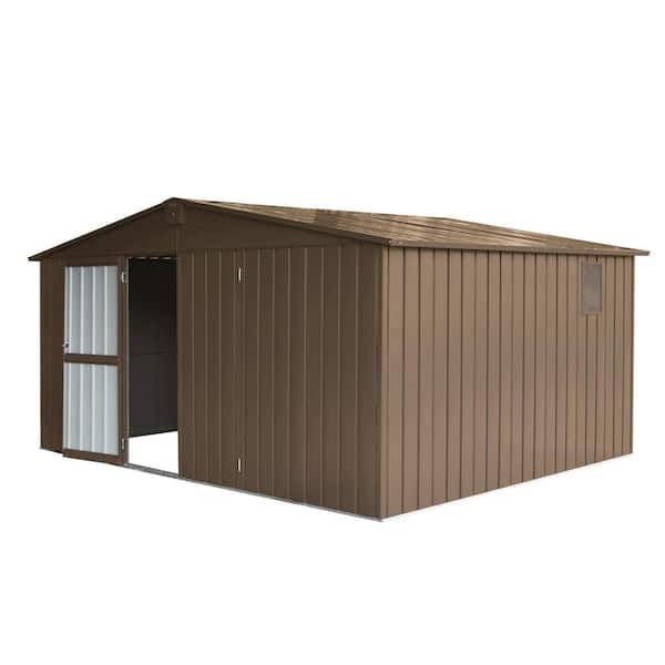 11 ft. W x 12.5 ft. D Metal Frame Garden Storage Shed with Windows and Lockable Door, Brown (137.5 sq. ft.)