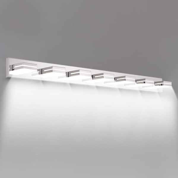 55 in. W 7 Light LED Vanity Light Chrome Wall Sconce Dimmable Lighting Fixture for Bathroom Mirror