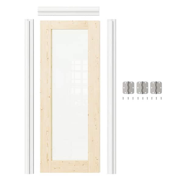 TENONER 32 x 80 in.Right-Handed 1-Lite Frosted Glass Solid Core Pine Color MDF Wood Prehung Interior Door w/ Door Jamb Hardware