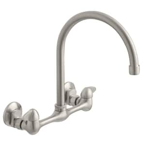 Builders Double Handle Wall Mount Standard Kitchen Faucet with High Arc in Stainless Steel