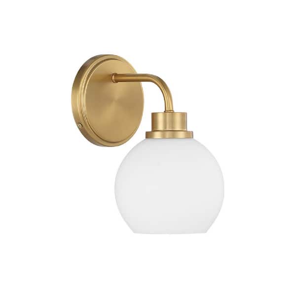 6 in. W x 9.5 in. H 1-Light Natural Brass Contemporary Wall Sconce with White Opal Glass Shade