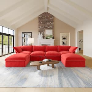 162.6 in. Red Flared Arm 6-Piece 6-Seater Linen U-Shaped Down-Filled Free Combination Sectional Sofa with Ottoman