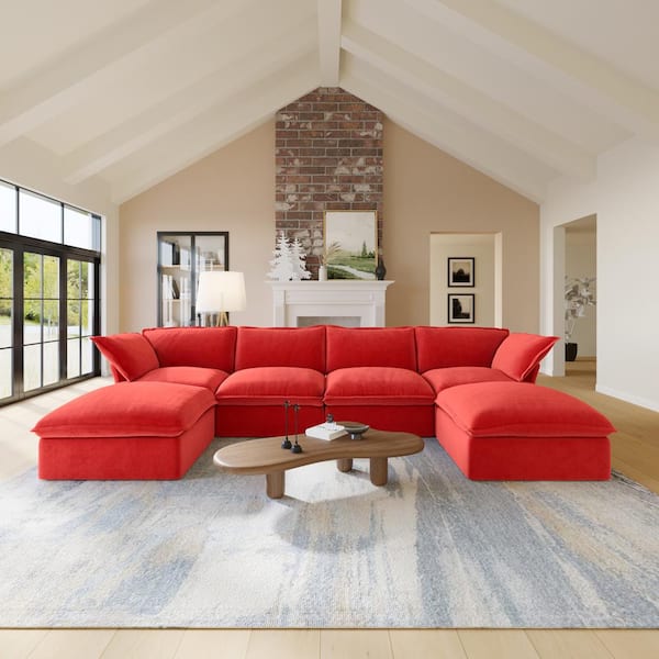 162.6 in. Red Flared Arm 6-Piece 6-Seater Linen U-Shaped Down-Filled Free Combination Sectional Sofa with Ottoman