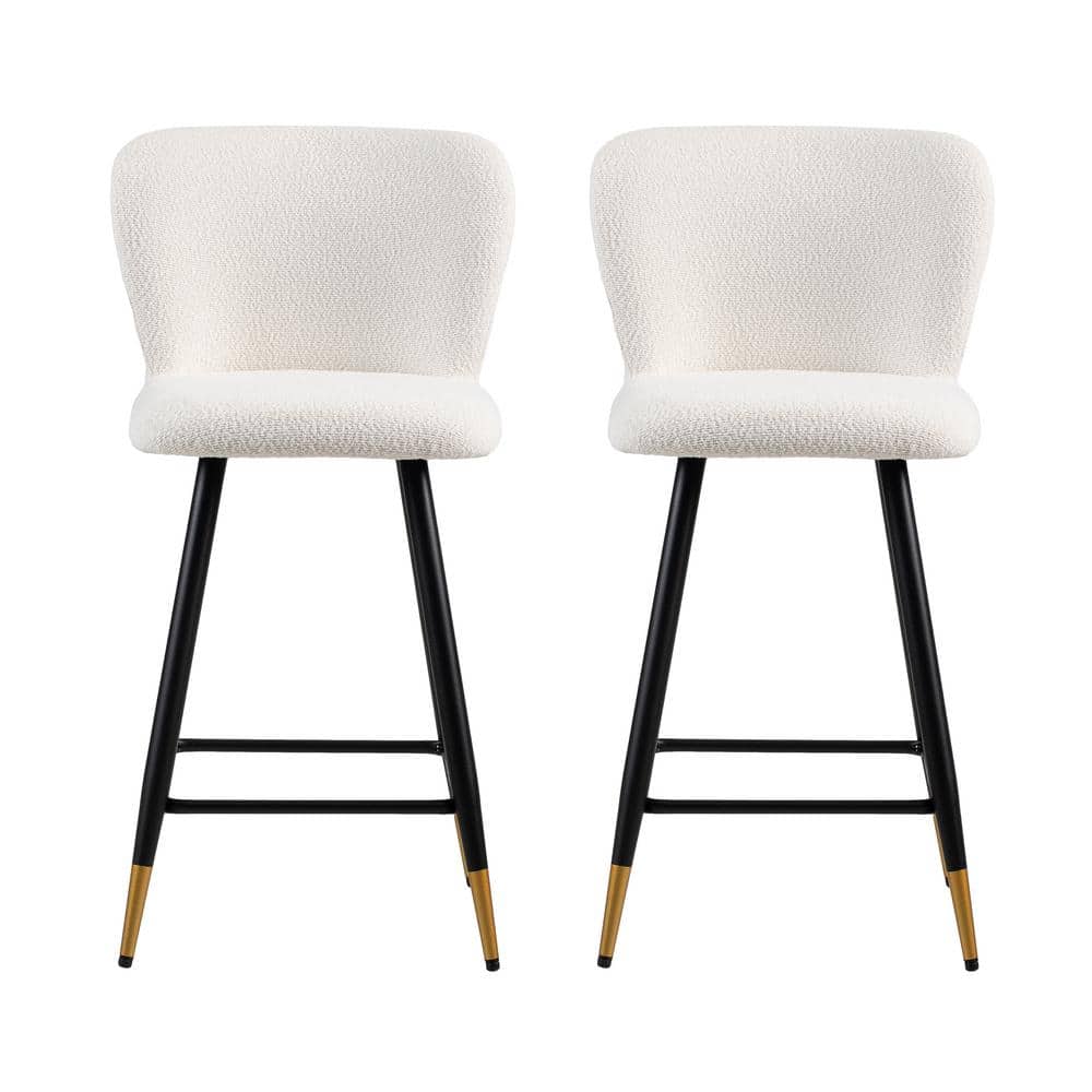 Modern White Upholstered Bar Stools with Gold-Tipped Metal Legs, Set of 2