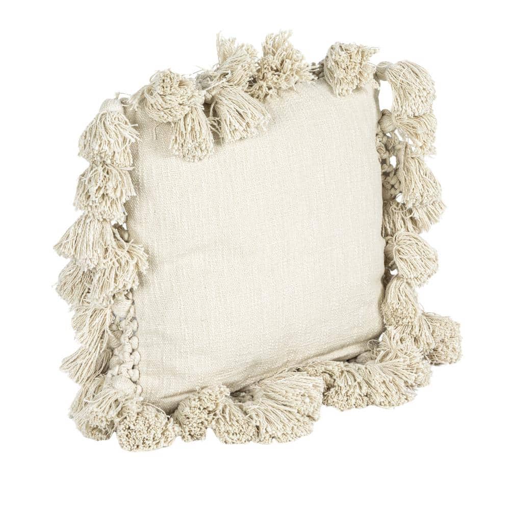 Modern Space-Themed Crochet & Tassel 18" Square Cotton Pillow - Cream
