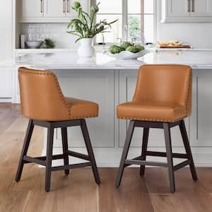 26 in. Wood 360 Free Swivel Upholstered Bar Stool with Back, Performance Fabric in PU Brown.(Set of 2)
