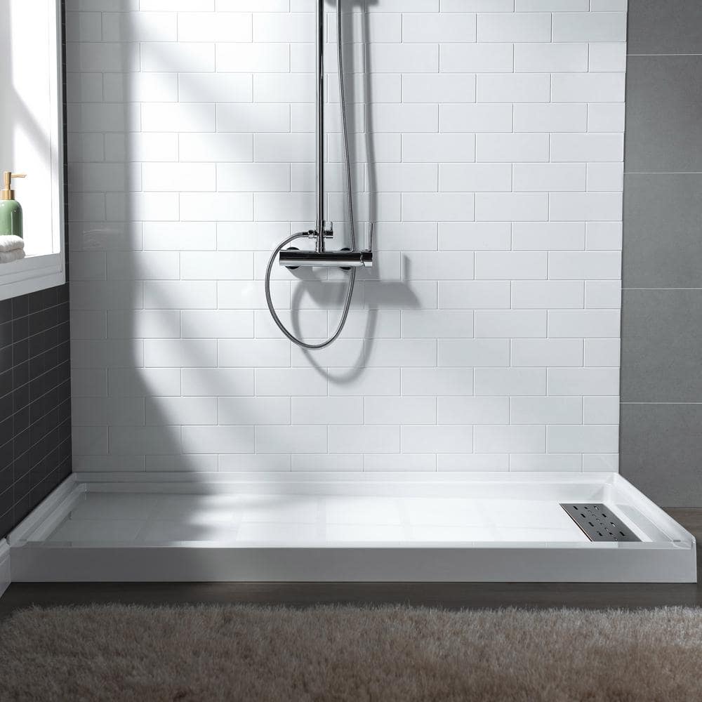 60" x 36" White Solid Surface Shower Pan Base with Oil Rubbed Bronze Drain Cover