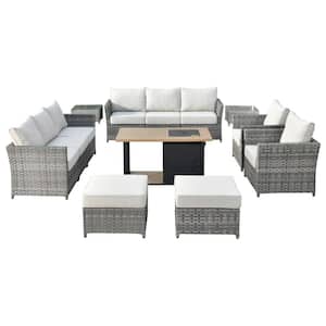 Eufaula Gray 13-Piece Wicker Outdoor Patio Conversation Sofa Set with a Storage Fire Pit and Coarse Beige Cushions