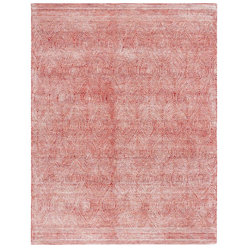 Ivory and Red Abstract Handmade Wool Area Rug, 8' x 10'