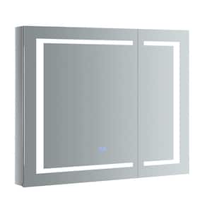 Spazio 36 in. W x 30 in. H Recessed or Surface Mount Medicine Cabinet with LED Lighting and Mirror Defogger