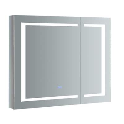 Spazio 36 in. W x 30 in. H Recessed or Surface Mount Medicine Cabinet with LED Lighting and Mirror Defogger