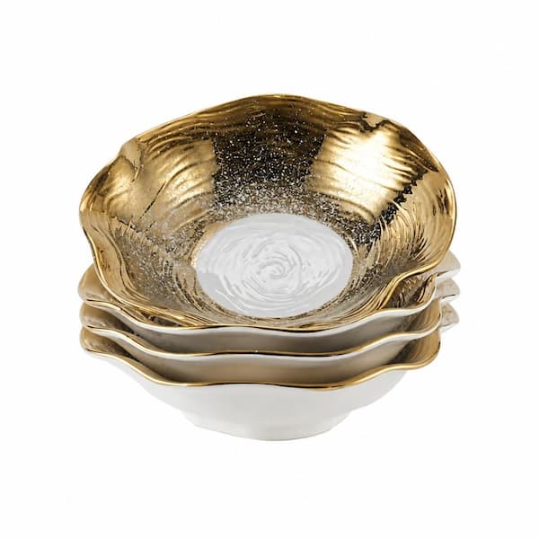 Set of 4 Ceramic Salad Bowls 8.5 in. Lotus-Shaped Golden Ombre Dinnerware for Home and Restaurant Use