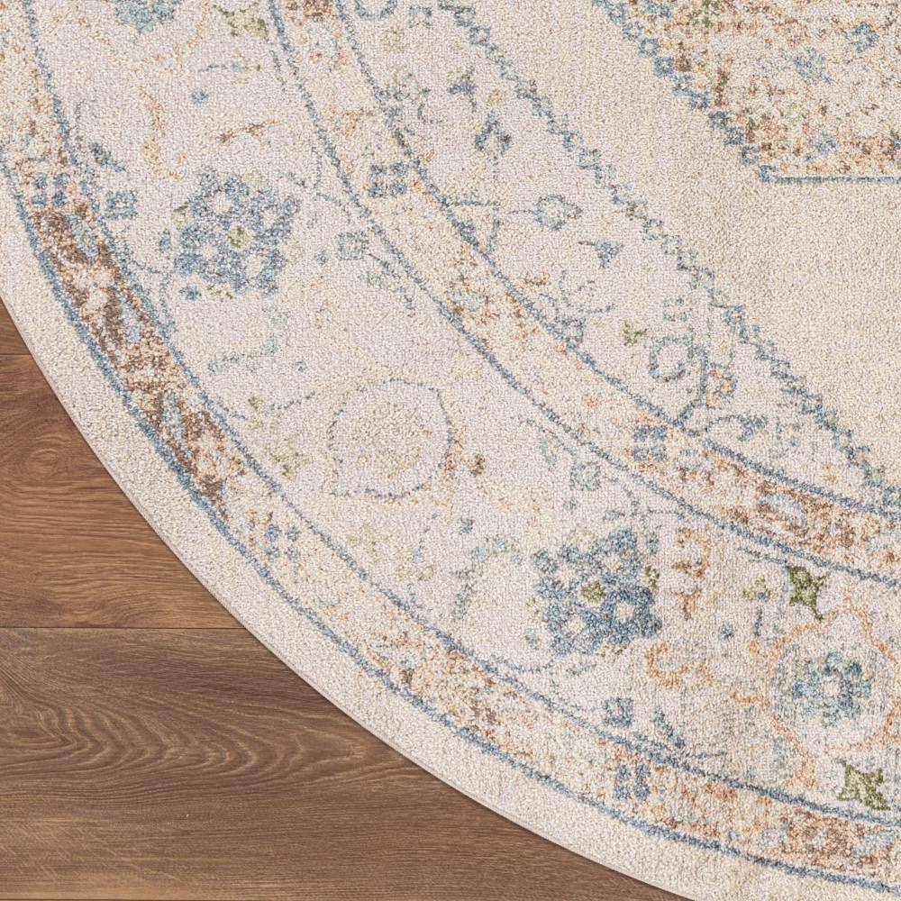Ivory Blue Round Medallion Machine Washable Area Rug