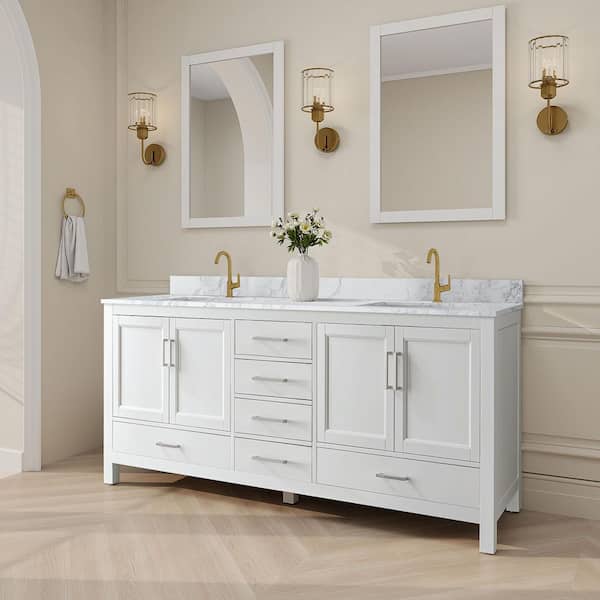 Thera 72 in. W x 22 in. D x 34 in. H Bath Vanity in White with Venato Carrara Top with Basins