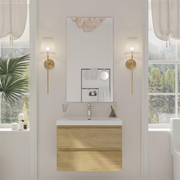 30 in. W Single Sink Floating Bath Vanity in Natural Oak with White Solid Surface Sink Top