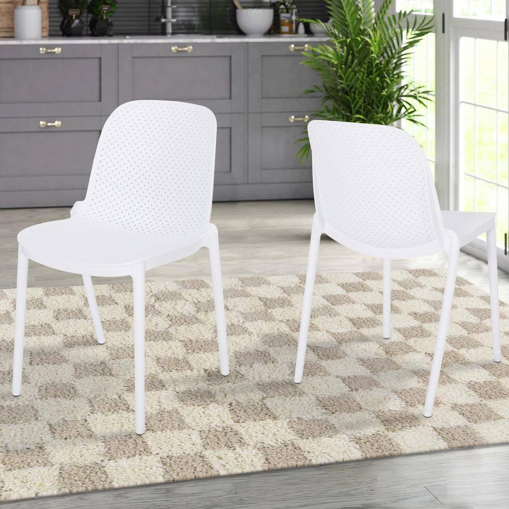 White Plastic Armless Stackable Dining Chairs, Set of 2