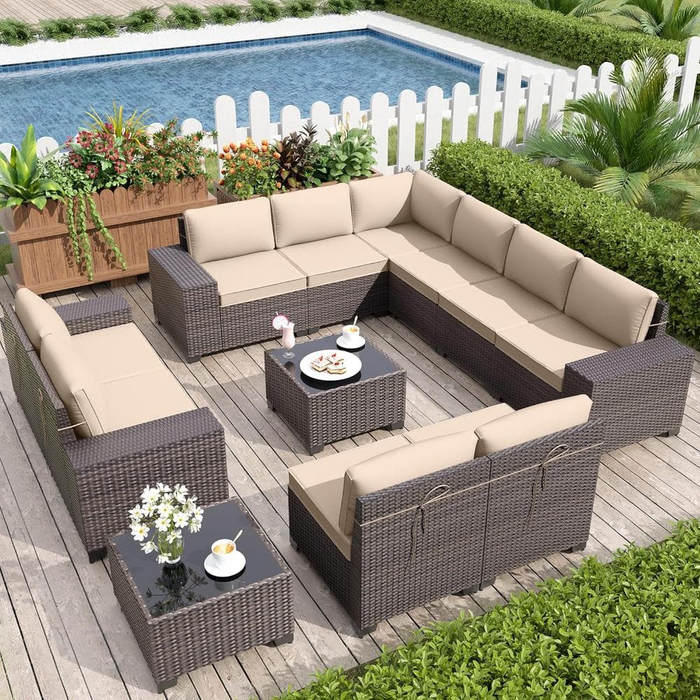 Halmuz 12-Piece Wicker Outdoor Sectional Set with Cushion Sand (6+6 ...