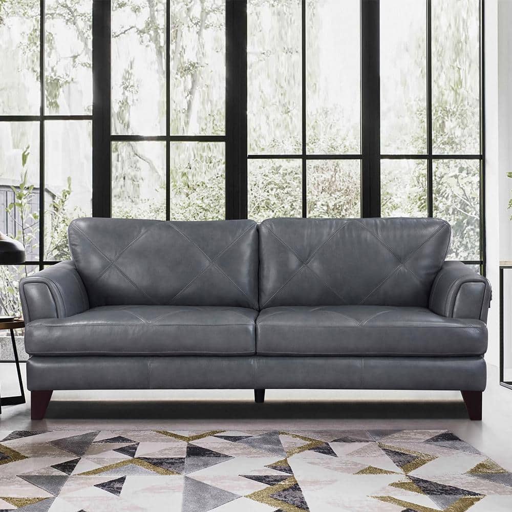 Marie 88 in. W Straight Arm Leather Rectangle Sofa in. Burnish Gray ...