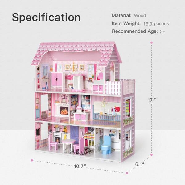 Huluwat Pink Classic Wooden Dollhouse for Toddlers with of