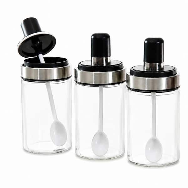 Set of 3 High Borosilicate Glass Spice Jars 8.45 oz Transparent Condiment Containers with Spoon Lid