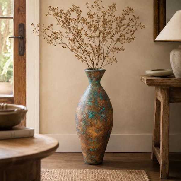 Litton Lane 31 in. Green Tall Distressed Antique Style Ceramic Decorative Vase 045115