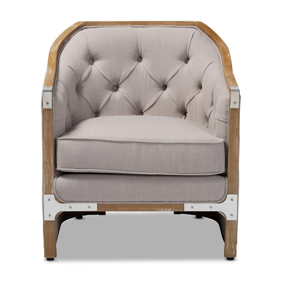 Beige Linen and Oak Barrel Accent Chair