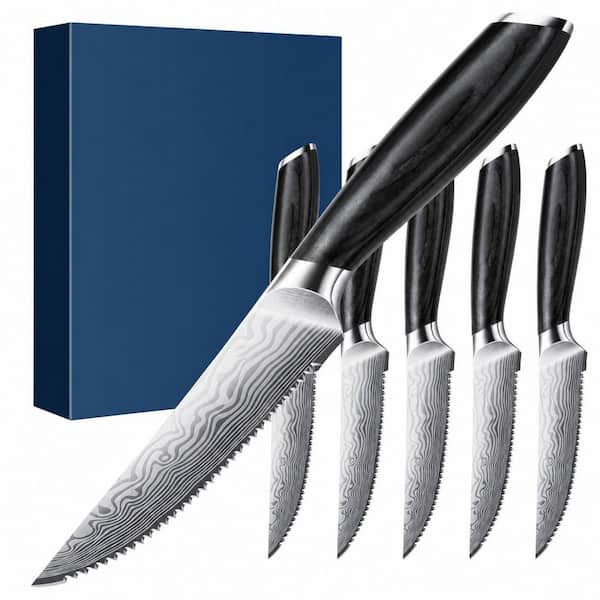 Steak Knives Set of 6, 4.5 in. Serrated High Carbon Powder Steel Blades with Pakkawood Handles