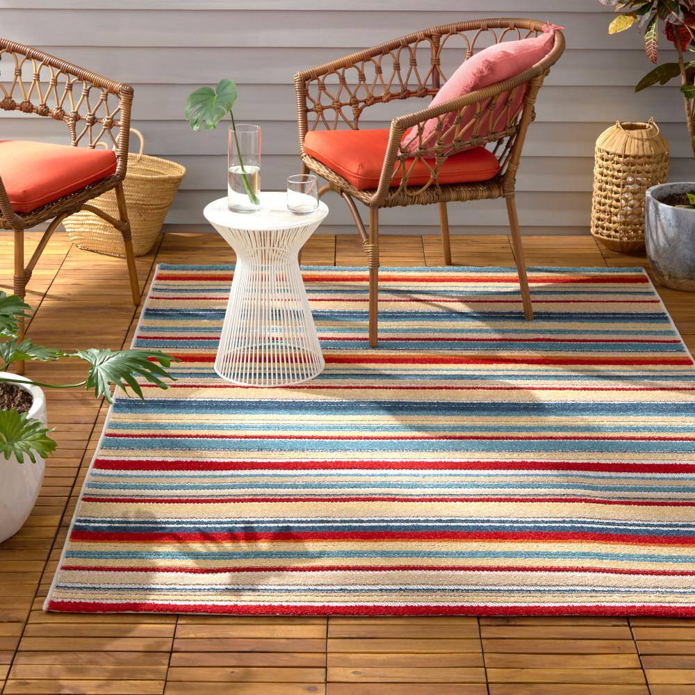 Rio Red and Multicolor Stripe Synthetic Indoor/Outdoor Rug