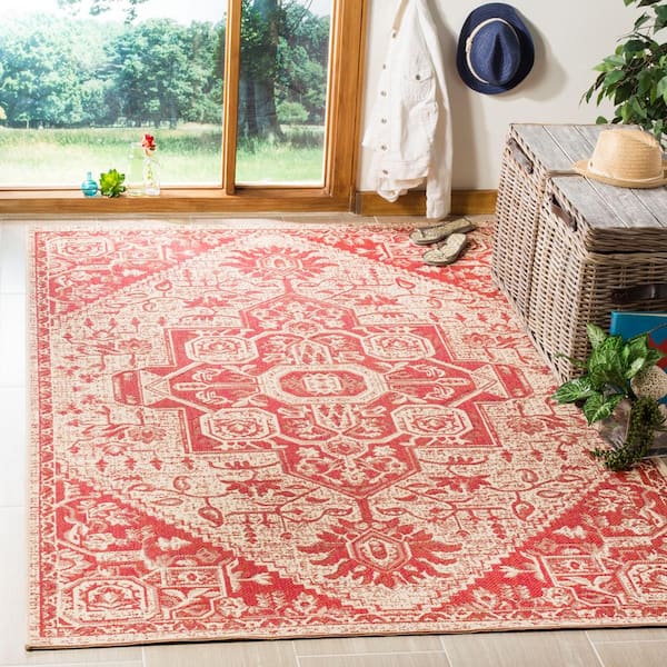 Linden Red/Creme 8 ft. x 8 ft. Ornate Medallion Indoor/Outdoor Square Area Rug