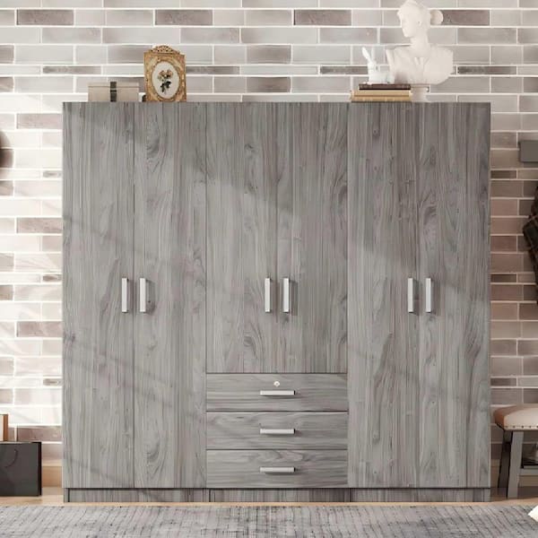 Gray Plywood 70.9 in. Wardrobe with 6 Doors and Big Drawers