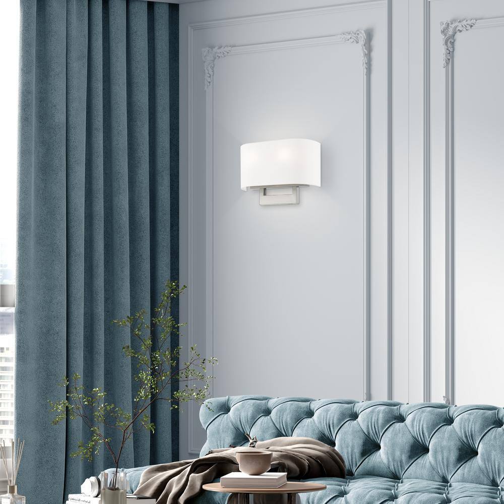 Brushed Nickel 2-Light Wall Sconce with Off-White Shade