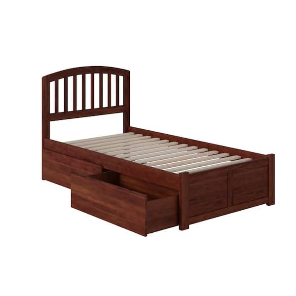 Richmond Walnut Twin XL Solid Wood Storage Platform Bed with Flat Panel Foot Board and 2 Bed Drawers