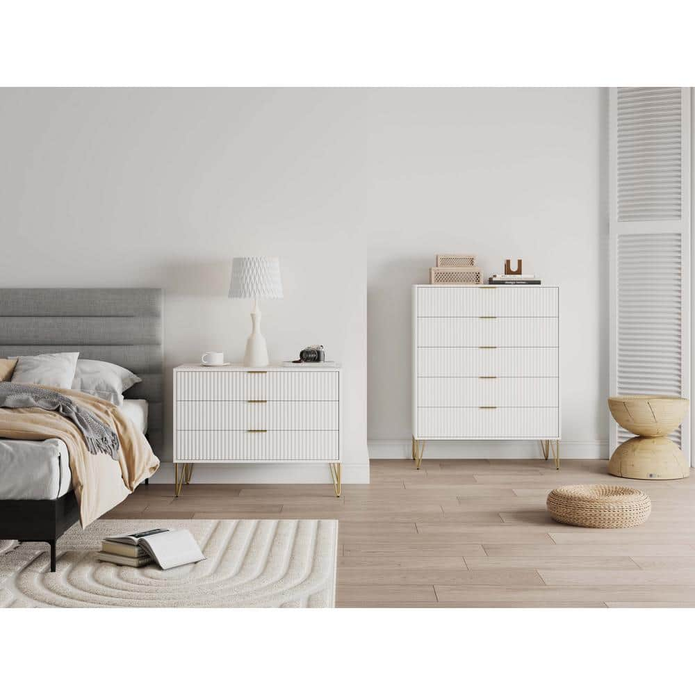 Manhattan Comfort DUMBO White 2-Piece Modern 5-Drawer 35.19 in. Tall Dresser and 3-Drawer 35.19 in. Standard Dresser Set