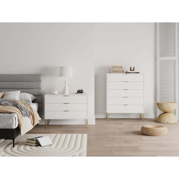 Manhattan Comfort DUMBO White 5-Drawer 35.19 in. Dresser and 3-Drawer 35.19 in. Dresser with SNAP Tool-Free Assembly
